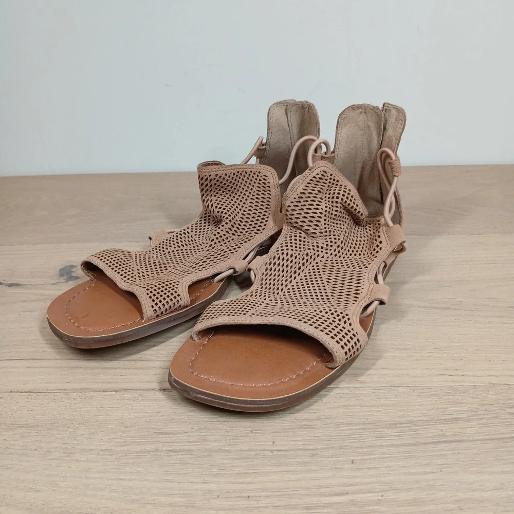 Lucky Brand Bartega Sandals Womens 8M Tan Leather Cutout Gladiator Back Zip
